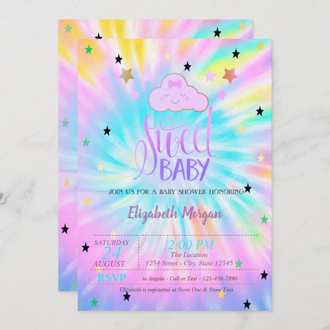 Cute Cloud,Stars,Sweet Baby Tie Dye Baby Shower Invitation (Front/Back)