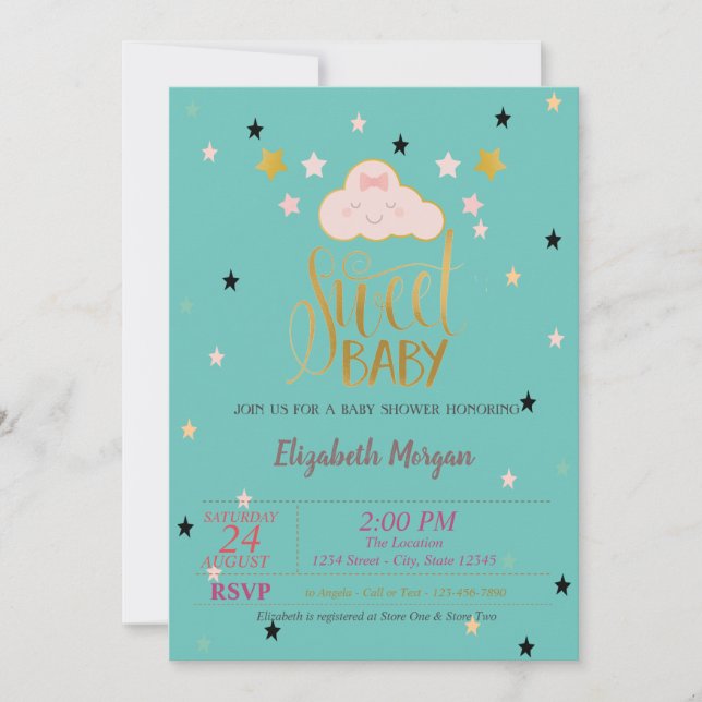 Cute Cloud,Stars,Sweet Mint Green Baby Baby Shower Invitation (Front)