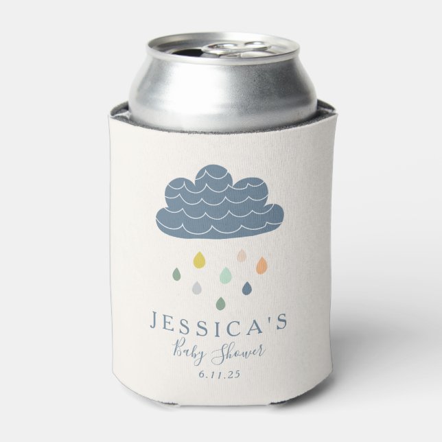 Cute Clouds and Raindrops in Blue Baby Shower Can Cooler (Can Front)