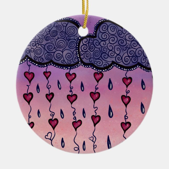 Cute clouds, hearts and raindrops ceramic ornament (Front)
