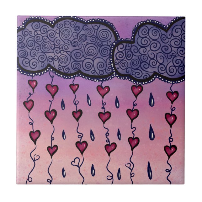 Cute clouds, hearts and raindrops ceramic tile (Front)