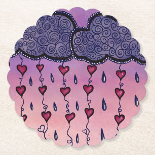 Cute clouds, hearts and raindrops paper coaster