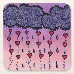 Cute clouds, hearts and raindrops square paper coaster