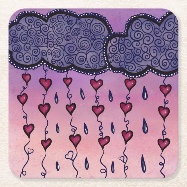 Cute clouds, hearts and raindrops square paper coaster (Front)