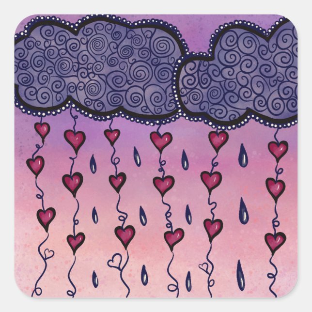 Cute clouds, hearts and raindrops square sticker (Front)