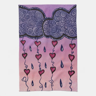 Cute clouds, hearts and raindrops tea towel