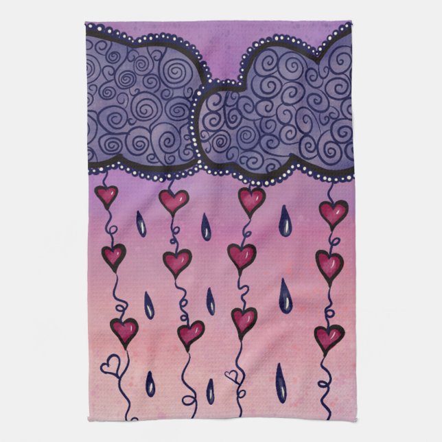 Cute clouds, hearts and raindrops tea towel (Vertical)