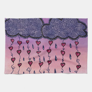 Cute clouds, hearts and raindrops tea towel