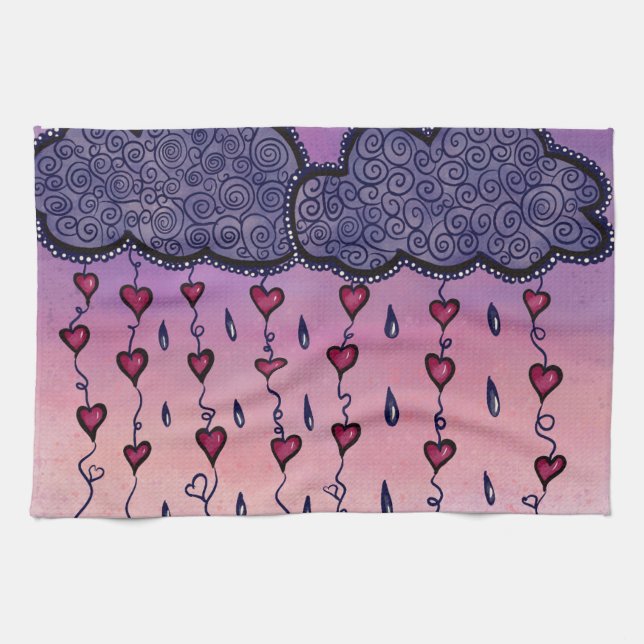 Cute clouds, hearts and raindrops tea towel (Horizontal)