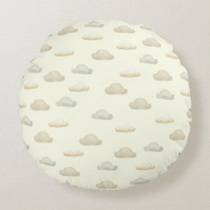 Cute Clouds in Butter Yellow Sky Round Cushion