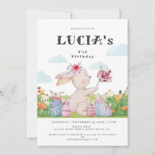 Cute Cloudy Light Blue Easter Bunny Baby Birthday Invitation
