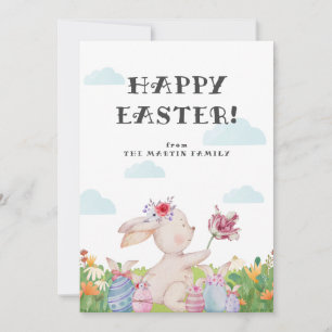 Cute Cloudy Light Blue Easter Bunny Holiday Card