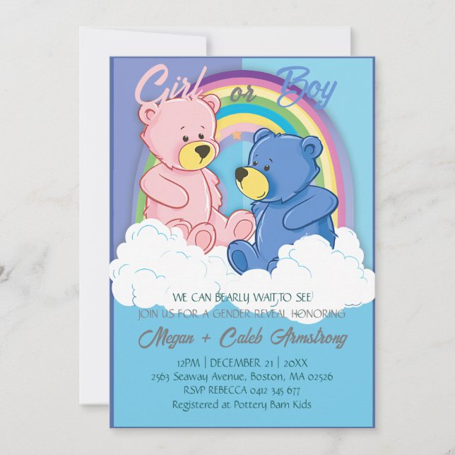 Cute Cloudy Rainbow Sky Bear Gender Reveal Party Invitation (Front)