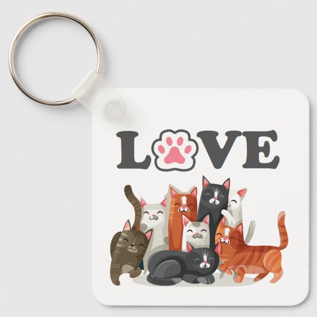 Cute Clowder of Cats Illustration with LOVE Key Ring (Front)