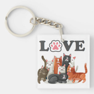 Cute Clowder of Cats Illustration with LOVE Photo Key Ring