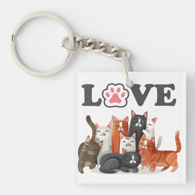Cute Clowder of Cats Illustration with LOVE Photo Key Ring (Front)