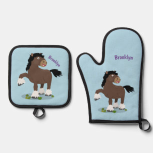Cute Clydesdale draught horse cartoon illustration Oven Mitt & Pot Holder Set