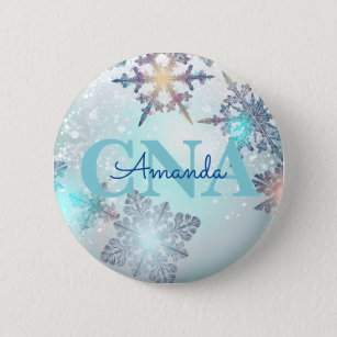 Cute CNA Ice Blue Snowflake Personalised Name  6 Cm Round Badge