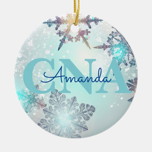Cute CNA Ice Blue Snowflake Personalised Name  Ceramic Ornament (Front)
