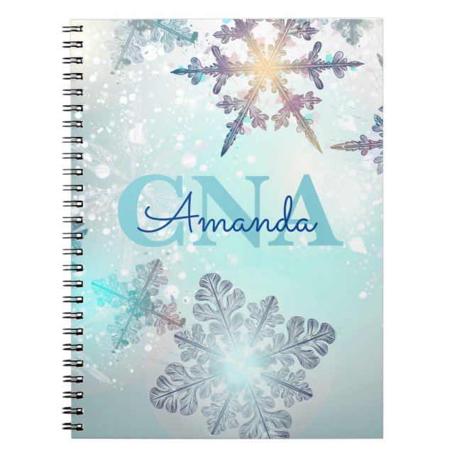 Cute CNA Ice Blue Snowflake Personalised Name Notebook (Front)