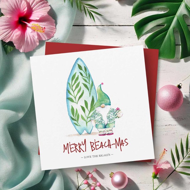 Cute Coastal Christmas Cards (Cute Florida Christmas cards watercolor surfboard and beach Santa art by Victoria Grigaliunas )