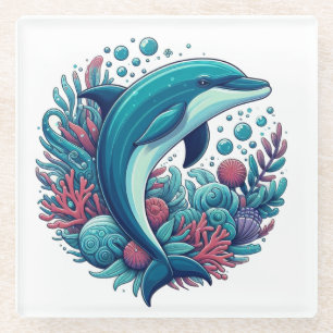 Cute, coastal/nautical dolphin  glass coaster