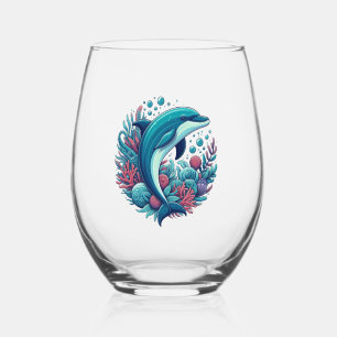 Cute, coastal/nautical dolphin stemless wine glass