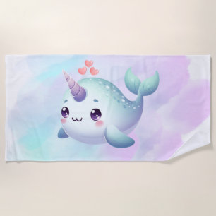 Cute/coastal/nautical narwhal beach towel