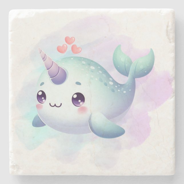 Cute/coastal/nautical narwhal  stone coaster (Front)