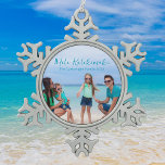 Cute Coastal Photo Beach Family Vacation Keepsake Snowflake Pewter Christmas Ornament<br><div class="desc">Chic customisable beach family photo Christmas ornament that reads Mele Kalikimaka or your custom text with your favourite tropical photo in the sun. Add a full photograph of your favourite memory from your island vacation to the coast. A beautiful coastal holiday ornament gift with pretty blue script over the picture....</div>