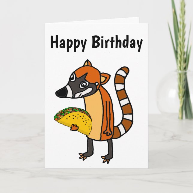 Cute Coati Mundi eating Taco Cartoon Card (Front)