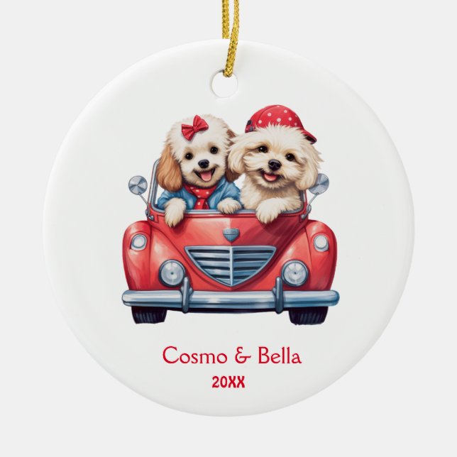 Cute Cockapoo Doodle Puppy Dog in a Car Ceramic Ornament (Front)