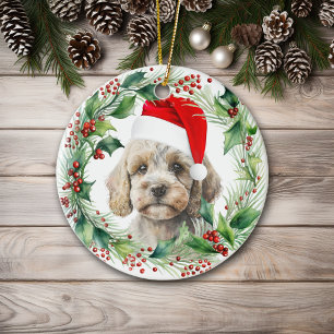 Cute Cockapoo Puppy Holly Wreath Christmas Ceramic Ornament