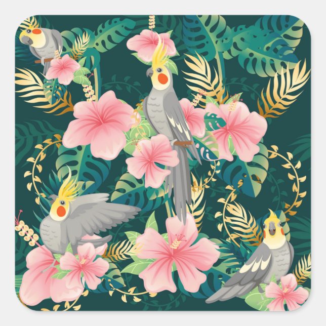 Cute Cockatiel Parrot Vintage Pattern Square Sticker (Front)