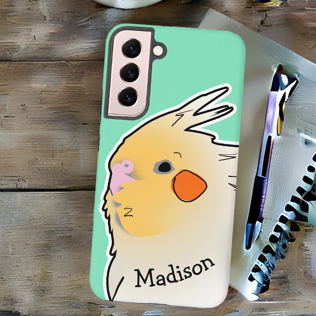 Cute Cockatiel Pet Bird Doodle Parrot Sea Green Samsung Galaxy S22+ Case (Cute Cockatiel doodle personalized Galaxy phone case, sea green)