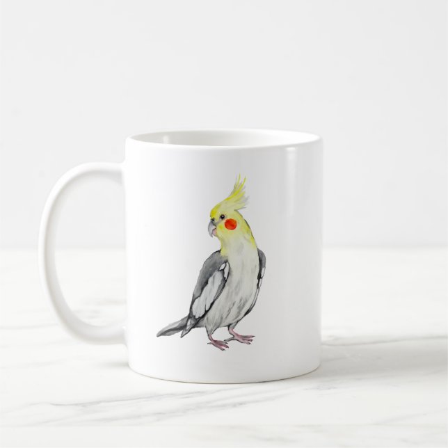 Cute Cockatiel watercolor parrot.  Coffee Mug (Left)