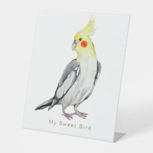 Cute Cockatiel Watercolor Parrot. Pedestal Sign