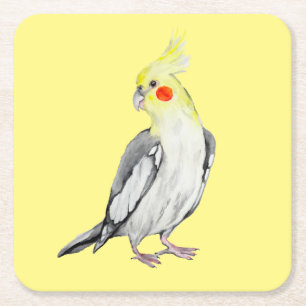 Cute Cockatiel Watercolor Parrot. Square Paper Coaster