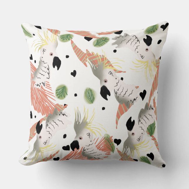 Cute Cockatoo and Hearts Tropical Cushion (Front)