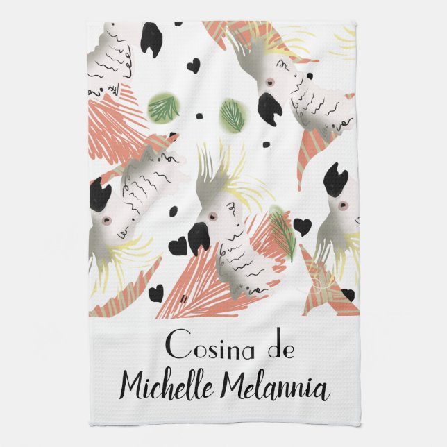 Cute Cockatoo Hearts Greenery Illustration Tea Towel (Vertical)