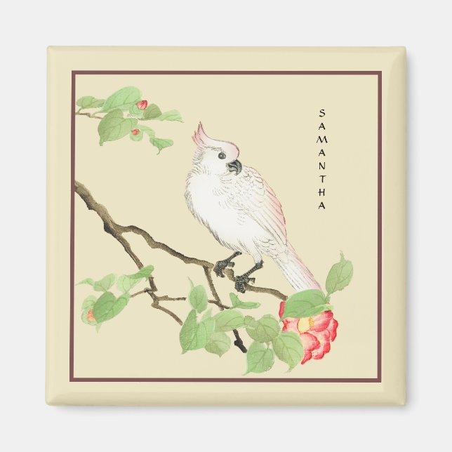 Cute Cockatoo Vintage Japanese Camellia Magnet (Front)