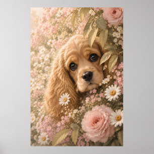 Cute Cocker Spaniel Among Flowers Poster