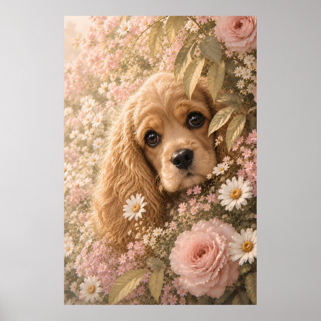 Cute Cocker Spaniel Among Flowers Poster (Front)