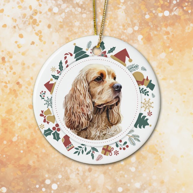 Cute Cocker Spaniel Christmas Images Wreath Ceramic Ornament (Creator Uploaded)