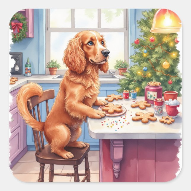 Cute Cocker Spaniel Gingerbread Baking Christmas Square Sticker (Front)