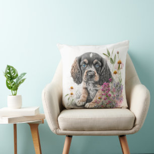 CUTE COCKER SPANIEL PUPPY DOG & WILDFLOWERS CUSHION