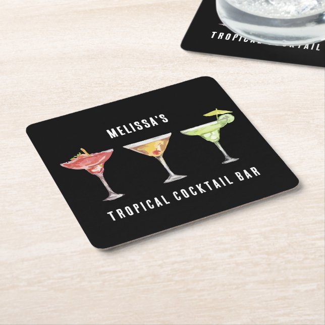 Cute Cocktail Watercolor Custom Square Paper Coaster (Angled)