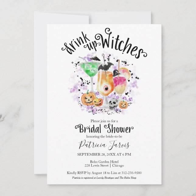 Cute Cocktails Halloween Bridal Shower Invitations (Front)