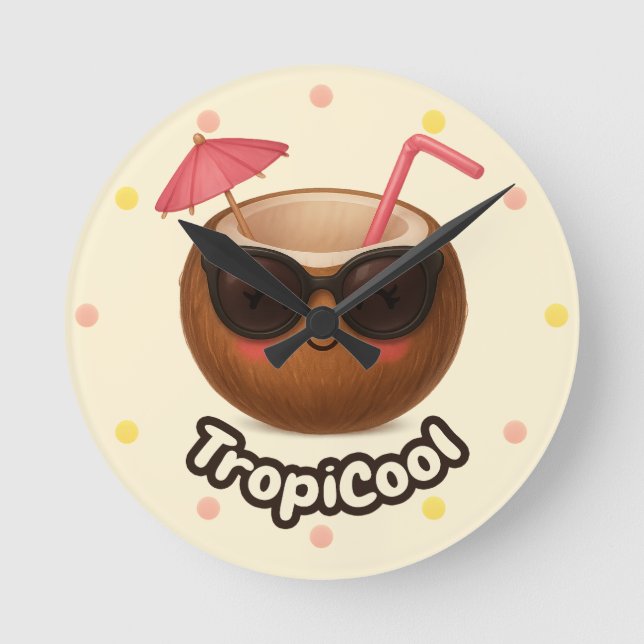 Cute Coconut – Tropical Design with Pastel Dots Round Clock (Front)