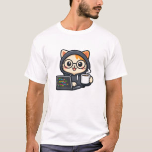 Cute Coder Cat with Coffee & Laptop T-Shirt